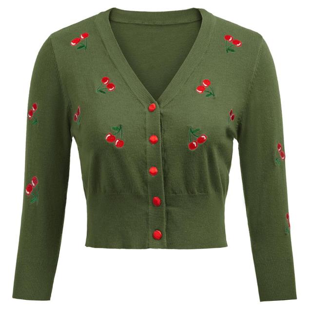 Women Vintage Jackets Cardigans  Autumn Spring Womens Cherries Embroidery 3/4 Sleeve V-Neck Cropped Knitting Coat Knitwear