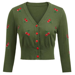 Women Vintage Jackets Cardigans  Autumn Spring Womens Cherries Embroidery 3/4 Sleeve V-Neck Cropped Knitting Coat Knitwear