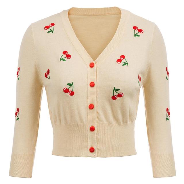 Women Vintage Jackets Cardigans  Autumn Spring Womens Cherries Embroidery 3/4 Sleeve V-Neck Cropped Knitting Coat Knitwear