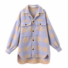 Ladies Vintage Pocket Overshirts Oversized Plaid Jacket Women Coat Long Sleeve Loose Woolen Jacket Female Outerwear Chic Tops