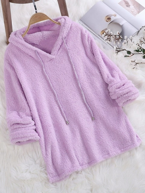 Women Long Sleeve Plush Hoodies Lady Autumn Winter Warm Solid Fluffy Hoody Flannel Pullover Pajama Loose Hooded Sweatshirts Top