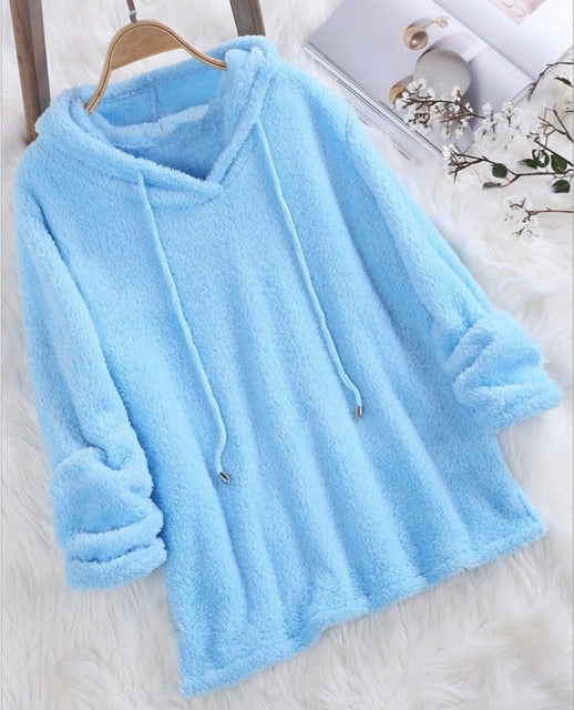 Women Long Sleeve Plush Hoodies Lady Autumn Winter Warm Solid Fluffy Hoody Flannel Pullover Pajama Loose Hooded Sweatshirts Top