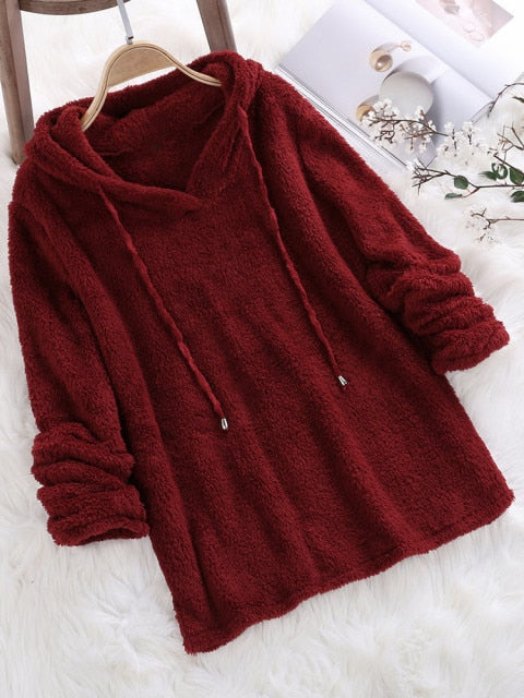 Women Long Sleeve Plush Hoodies Lady Autumn Winter Warm Solid Fluffy Hoody Flannel Pullover Pajama Loose Hooded Sweatshirts Top