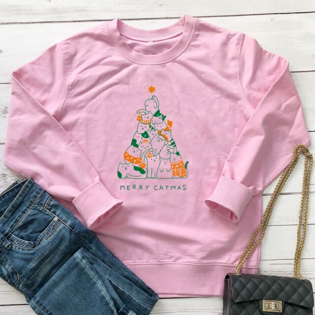 Merry Catmas Colored Sweatshirt Casual Stylish Funny Christmas Fashion Clothing Hoodies Merry Christmas Cat Jumper Outfits