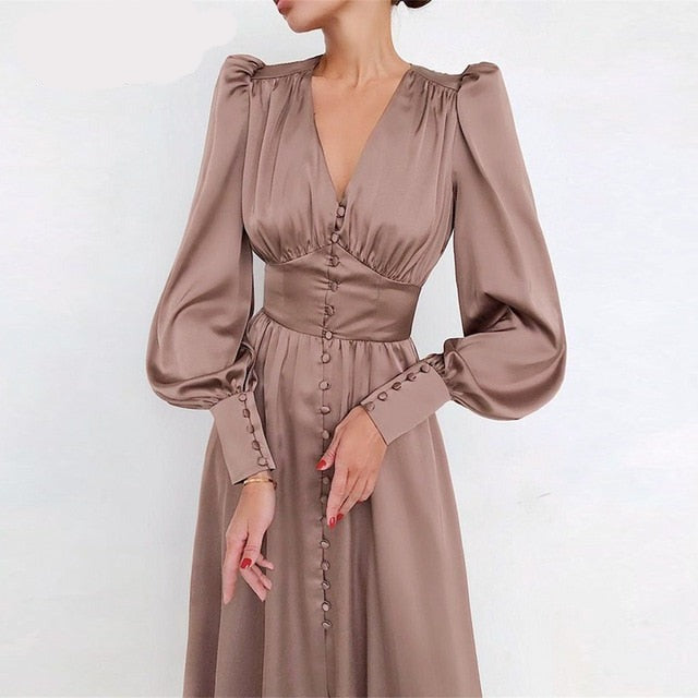 Lizakosht Elegant spring satin bishop sleeve a-line dress women V-neck high waist button dress solid Vintage long dresses chic