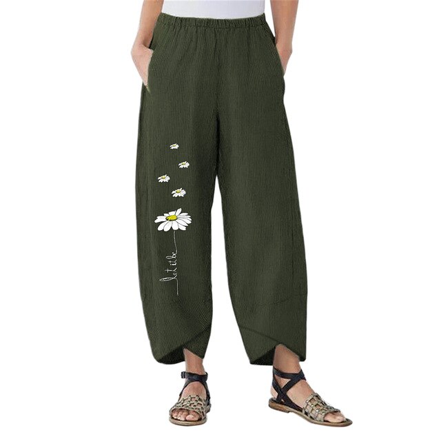 Vintage Printed Harem Pants Women Trousers Casual Elastic Waist Cotton Linen Wide Leg Pants Loose Pantalon Summer Plus Size Pant