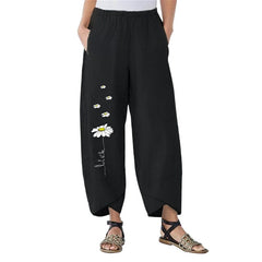 Vintage Printed Harem Pants Women Trousers Casual Elastic Waist Cotton Linen Wide Leg Pants Loose Pantalon Summer Plus Size Pant