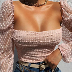 Fashion Summer autumn Tops Women Shirt Blouse Ruched long sleeve Lace Tulle Strappy Square collar Sexy Cropped Lady High street