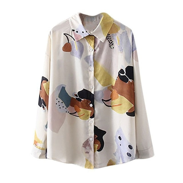 Women Retro Sunflower Print Shirt Oil Painting Print Design Blouse Girl Loose Lapel Tops and Blouses 2021  New