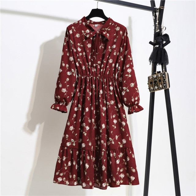 Lizakosht 11 Style Beautiful Fashion Summer Women Long Sleeve Dress Retro Collar Casual High Waist Dresses Floral Print Chiffon Clothing