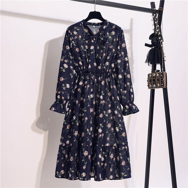 Lizakosht 11 Style Beautiful Fashion Summer Women Long Sleeve Dress Retro Collar Casual High Waist Dresses Floral Print Chiffon Clothing