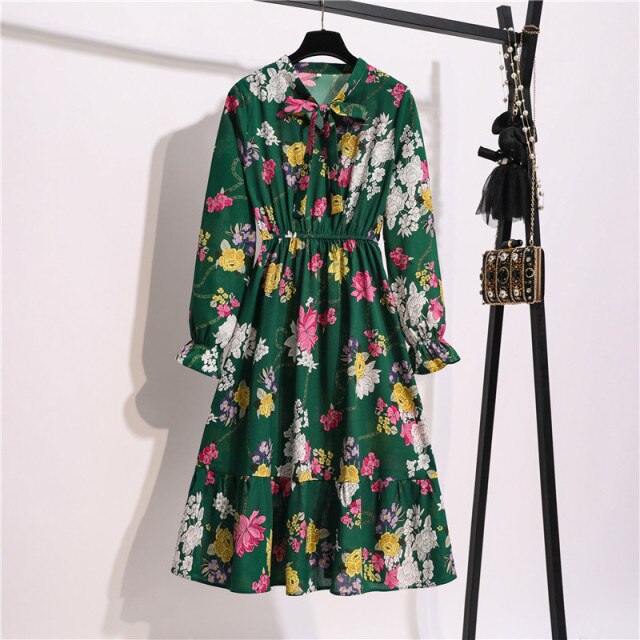 Lizakosht 11 Style Beautiful Fashion Summer Women Long Sleeve Dress Retro Collar Casual High Waist Dresses Floral Print Chiffon Clothing