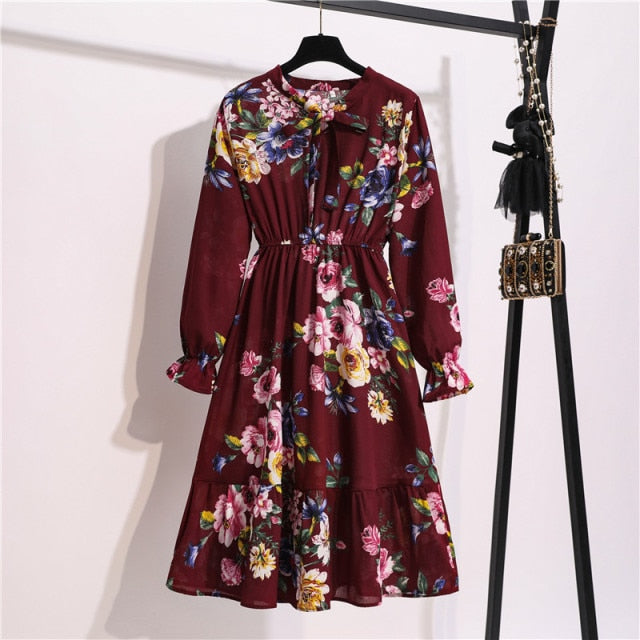 Lizakosht 11 Style Beautiful Fashion Summer Women Long Sleeve Dress Retro Collar Casual High Waist Dresses Floral Print Chiffon Clothing