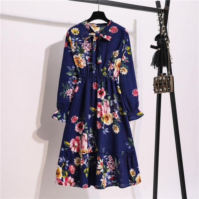 Lizakosht 11 Style Beautiful Fashion Summer Women Long Sleeve Dress Retro Collar Casual High Waist Dresses Floral Print Chiffon Clothing