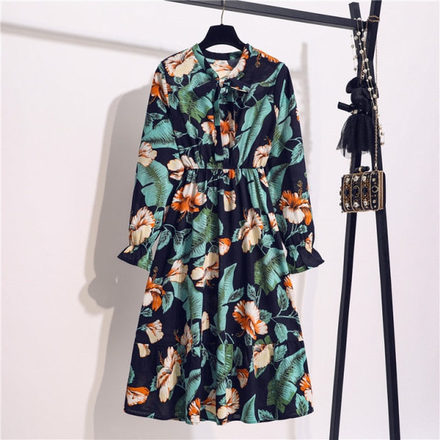 Lizakosht 11 Style Beautiful Fashion Summer Women Long Sleeve Dress Retro Collar Casual High Waist Dresses Floral Print Chiffon Clothing