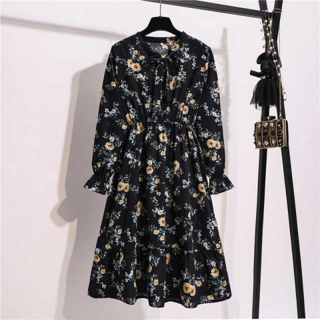 Lizakosht 11 Style Beautiful Fashion Summer Women Long Sleeve Dress Retro Collar Casual High Waist Dresses Floral Print Chiffon Clothing