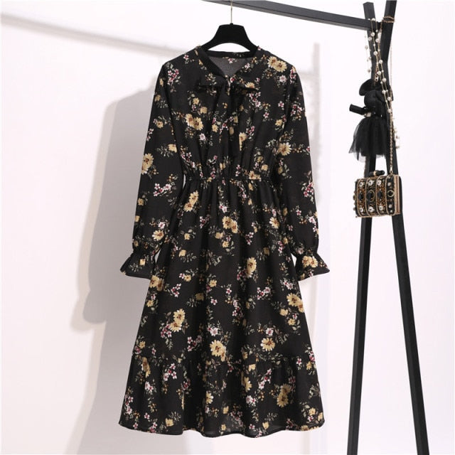 Lizakosht 11 Style Beautiful Fashion Summer Women Long Sleeve Dress Retro Collar Casual High Waist Dresses Floral Print Chiffon Clothing