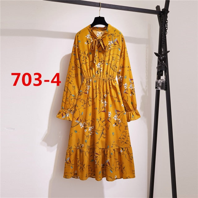 Lizakosht 11 Style Beautiful Fashion Summer Women Long Sleeve Dress Retro Collar Casual High Waist Dresses Floral Print Chiffon Clothing