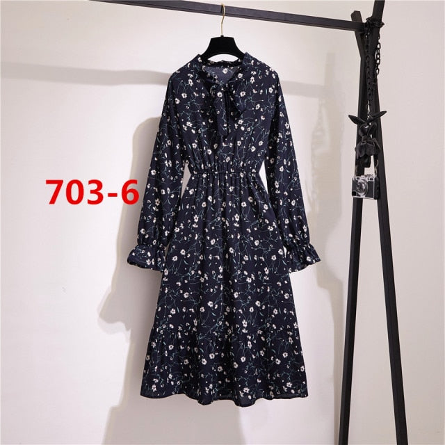 Lizakosht 11 Style Beautiful Fashion Summer Women Long Sleeve Dress Retro Collar Casual High Waist Dresses Floral Print Chiffon Clothing