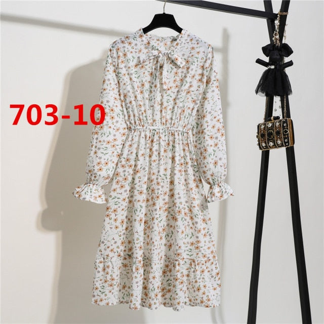 Lizakosht 11 Style Beautiful Fashion Summer Women Long Sleeve Dress Retro Collar Casual High Waist Dresses Floral Print Chiffon Clothing