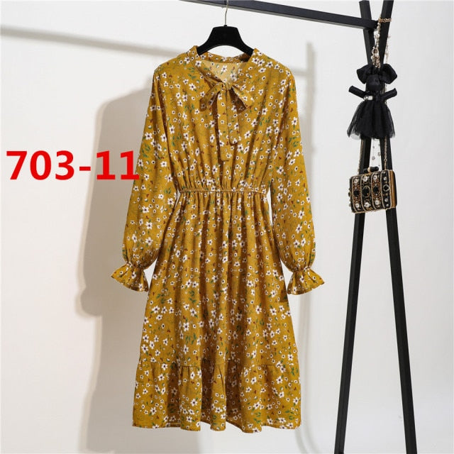 Lizakosht 11 Style Beautiful Fashion Summer Women Long Sleeve Dress Retro Collar Casual High Waist Dresses Floral Print Chiffon Clothing