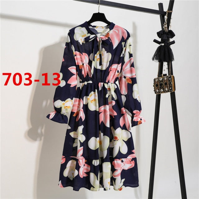 Lizakosht 11 Style Beautiful Fashion Summer Women Long Sleeve Dress Retro Collar Casual High Waist Dresses Floral Print Chiffon Clothing