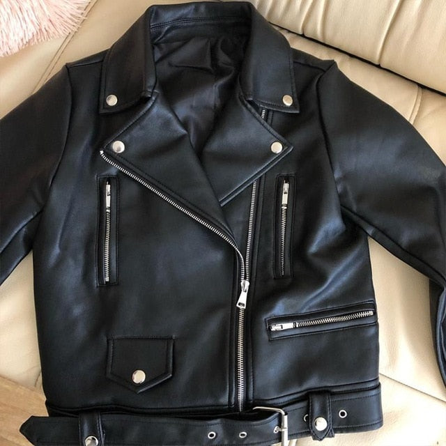 Lizakosht New Women Spring Autumn Black Faux Leather Jackets Zipper Basic Coat Turn-down Collar Motor Biker Jacket With Belt