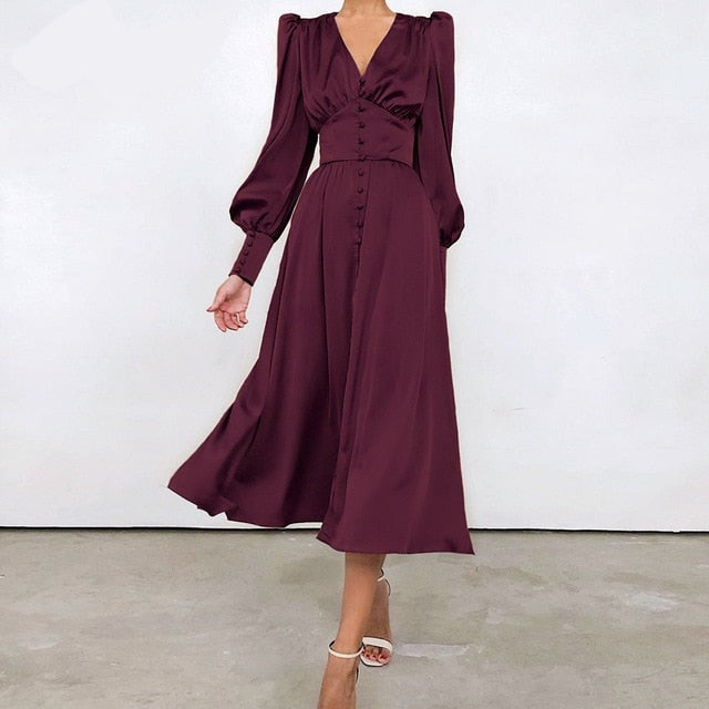 Lizakosht Elegant spring satin bishop sleeve a-line dress women V-neck high waist button dress solid Vintage long dresses chic