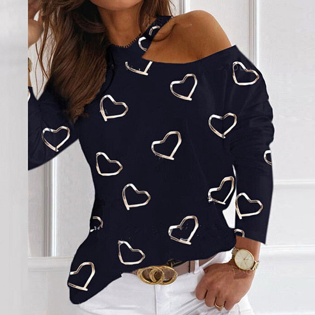 Women Sexy Elegant Halter Blouse Shirt Heart Shape Print Long Sleeve Casual Tops Pullovers Lady Autumn Off Shoulder Blouses