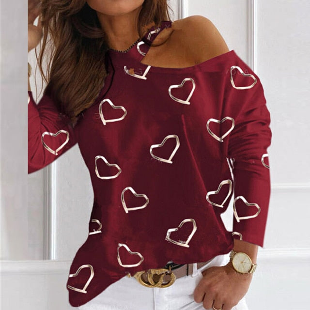 Women Sexy Elegant Halter Blouse Shirt Heart Shape Print Long Sleeve Casual Tops Pullovers Lady Autumn Off Shoulder Blouses