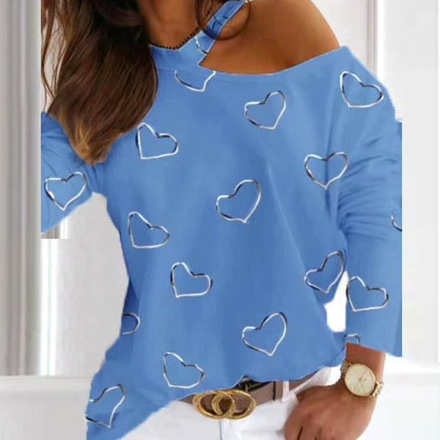 Women Sexy Elegant Halter Blouse Shirt Heart Shape Print Long Sleeve Casual Tops Pullovers Lady Autumn Off Shoulder Blouses