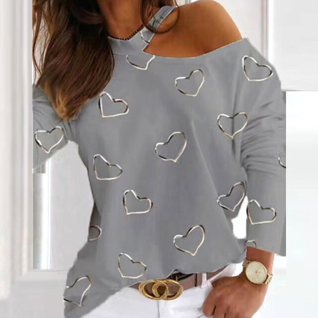 Women Sexy Elegant Halter Blouse Shirt Heart Shape Print Long Sleeve Casual Tops Pullovers Lady Autumn Off Shoulder Blouses