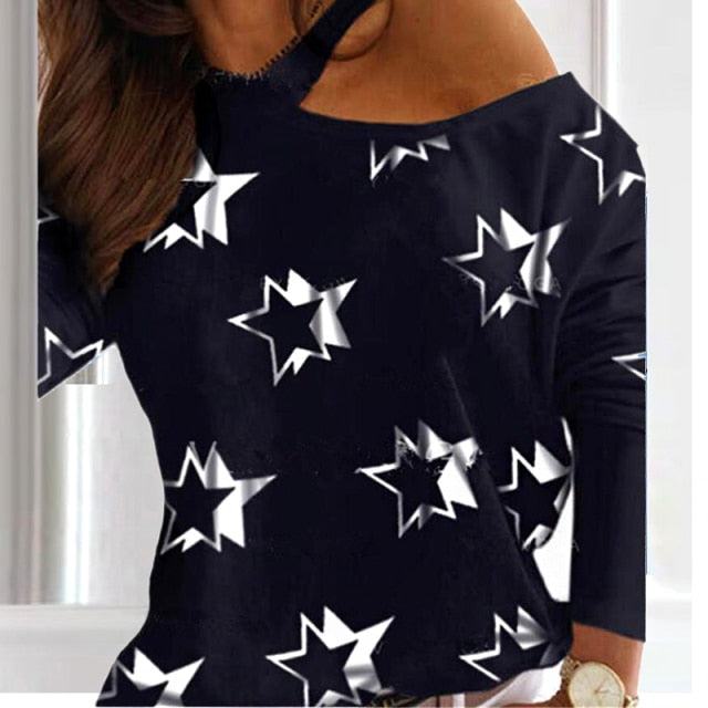 Women Sexy Elegant Halter Blouse Shirt Heart Shape Print Long Sleeve Casual Tops Pullovers Lady Autumn Off Shoulder Blouses