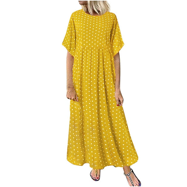 Women Sundress Vintage O-Neck Long Maxi Dress Female Casual Dot Pinted Summer Dress Beach Boho Dresses Vestidos Robe