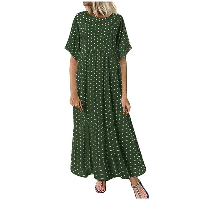 Women Sundress Vintage O-Neck Long Maxi Dress Female Casual Dot Pinted Summer Dress Beach Boho Dresses Vestidos Robe