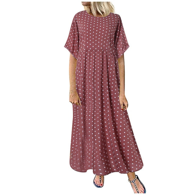 Women Sundress Vintage O-Neck Long Maxi Dress Female Casual Dot Pinted Summer Dress Beach Boho Dresses Vestidos Robe