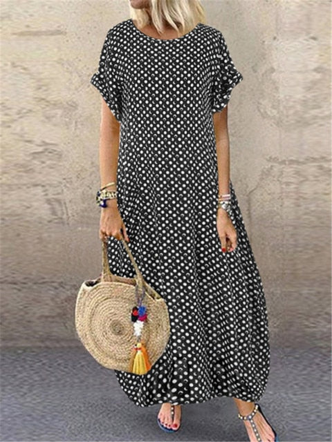 Women Sundress Vintage O-Neck Long Maxi Dress Female Casual Dot Pinted Summer Dress Beach Boho Dresses Vestidos Robe