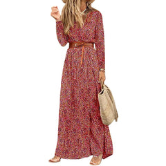 Womens Long Dress Summer V-neck Boho Belted Maxi Dress Casual Sexy Party Dress Ladies Bohemian Beach Holiday Sundress Vestido