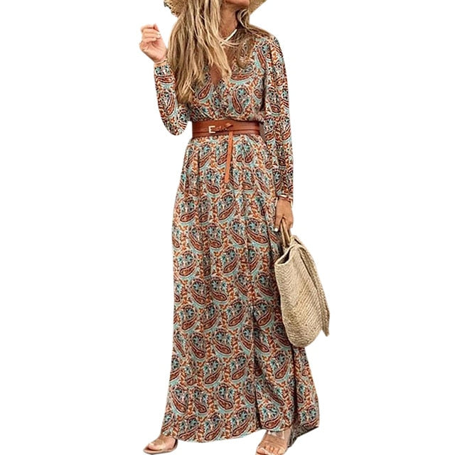 Womens Long Dress Summer V-neck Boho Belted Maxi Dress Casual Sexy Party Dress Ladies Bohemian Beach Holiday Sundress Vestido