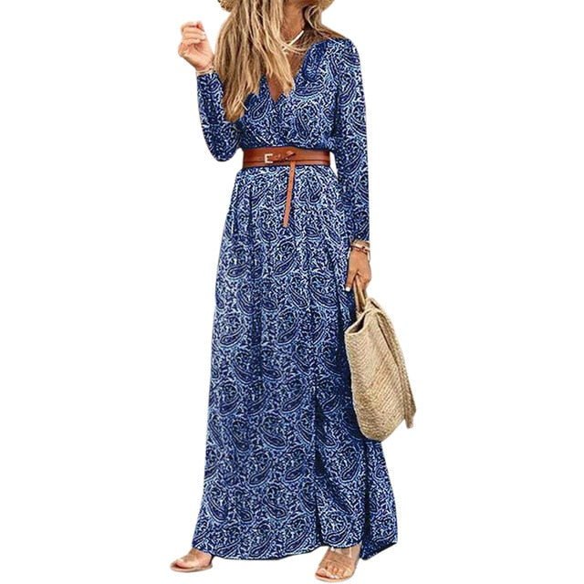 Womens Long Dress Summer V-neck Boho Belted Maxi Dress Casual Sexy Party Dress Ladies Bohemian Beach Holiday Sundress Vestido