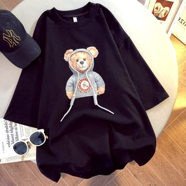 T-shirt Female 2021 Spring, Summer and Autumn Brushed Short-sleeved Print Bear Korean Version  Top Woman Tshirts  Graphic Tee