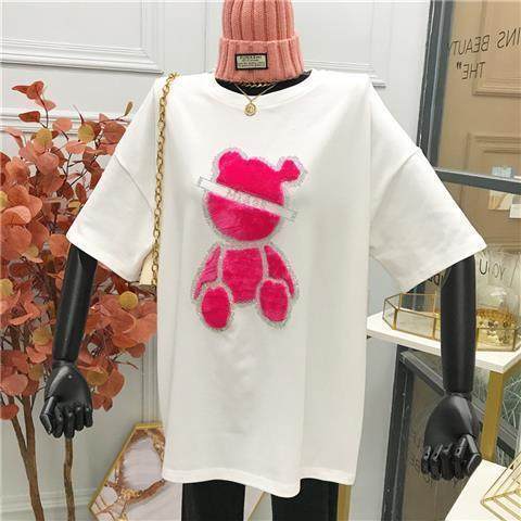 T-shirt Female 2021 Spring, Summer and Autumn Brushed Short-sleeved Print Bear Korean Version  Top Woman Tshirts  Graphic Tee