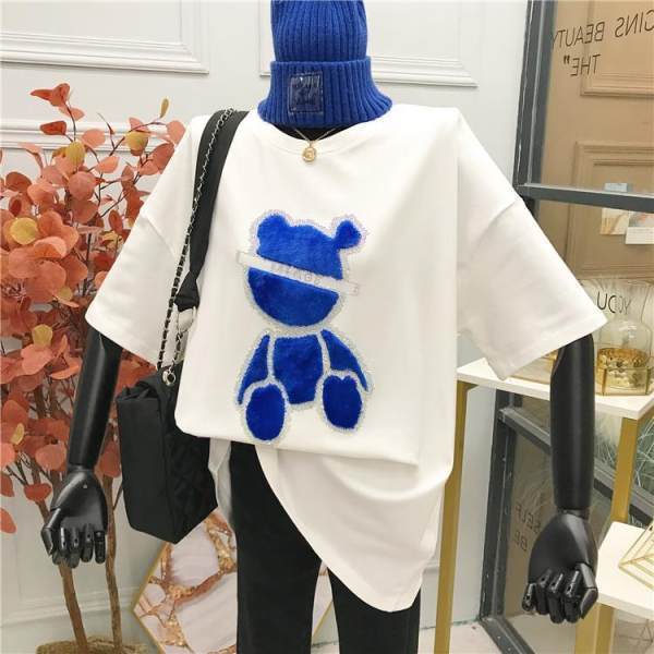 T-shirt Female 2021 Spring, Summer and Autumn Brushed Short-sleeved Print Bear Korean Version  Top Woman Tshirts  Graphic Tee