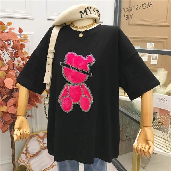 T-shirt Female 2021 Spring, Summer and Autumn Brushed Short-sleeved Print Bear Korean Version  Top Woman Tshirts  Graphic Tee