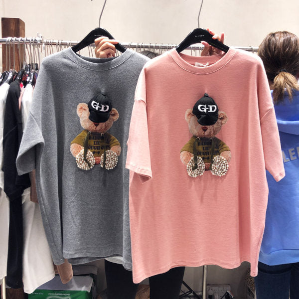 T-shirt Female 2021 Spring, Summer and Autumn Brushed Short-sleeved Print Bear Korean Version  Top Woman Tshirts  Graphic Tee