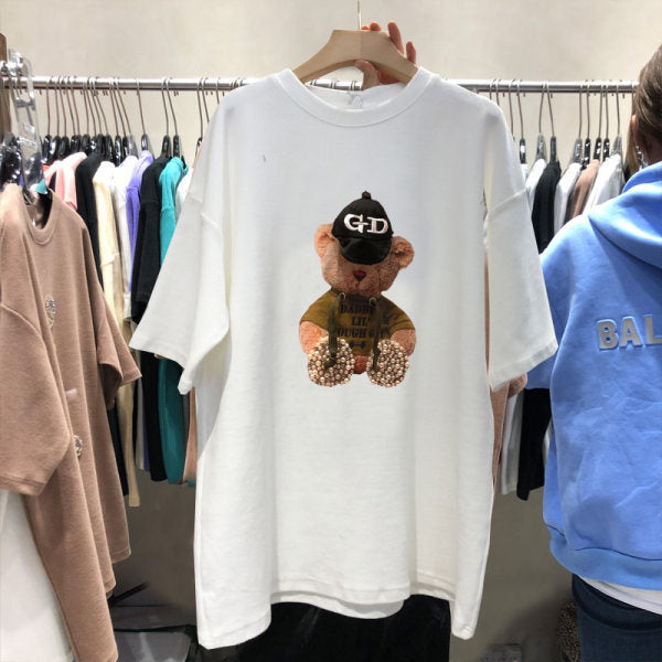 T-shirt Female 2021 Spring, Summer and Autumn Brushed Short-sleeved Print Bear Korean Version  Top Woman Tshirts  Graphic Tee