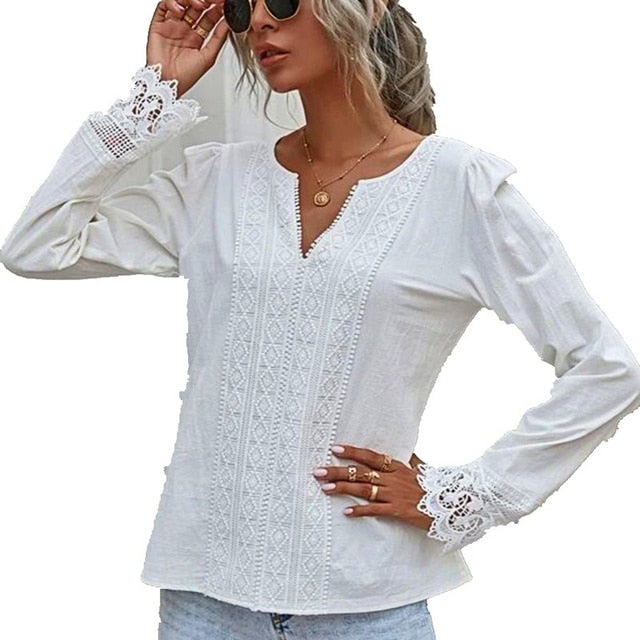 Autumn Elegant Office Lady Spring White Tops Women's Lace Patchwork Long Sleeved V-neck Slim Shirt Ladies Fashion Casual Blouse