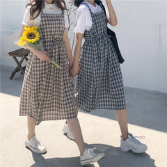 Summer Spaghetti Strap Plaid Dress High Waist Sleeveless Long Women Dress Casual Loose Kawaii Dresses Lolita Sundress