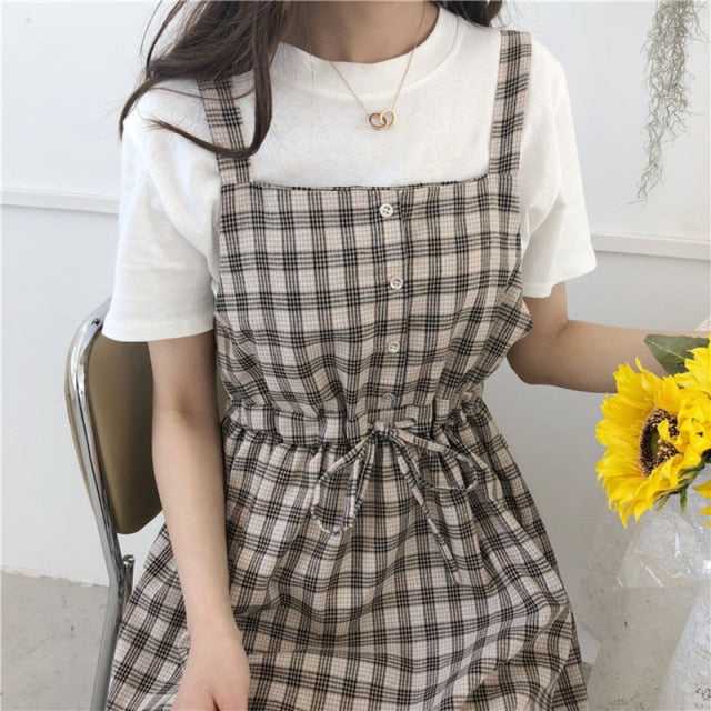 Summer Spaghetti Strap Plaid Dress High Waist Sleeveless Long Women Dress Casual Loose Kawaii Dresses Lolita Sundress