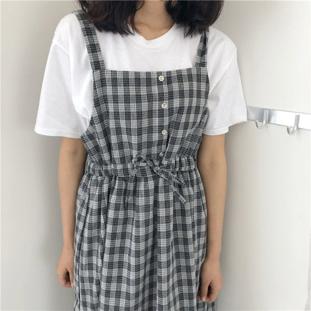 Summer Spaghetti Strap Plaid Dress High Waist Sleeveless Long Women Dress Casual Loose Kawaii Dresses Lolita Sundress